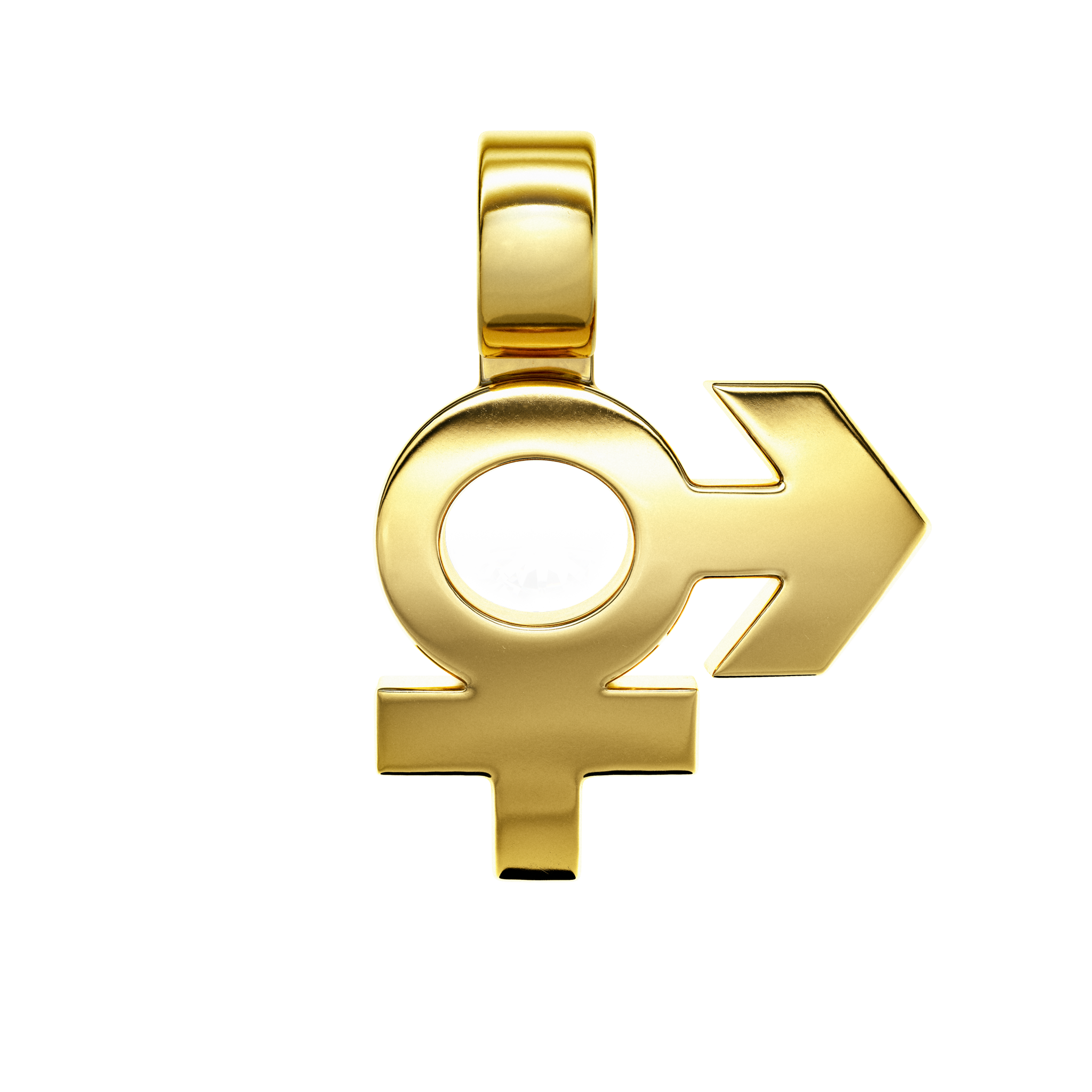 A detail of Signal ⚥ Pendant in Yellow Gold